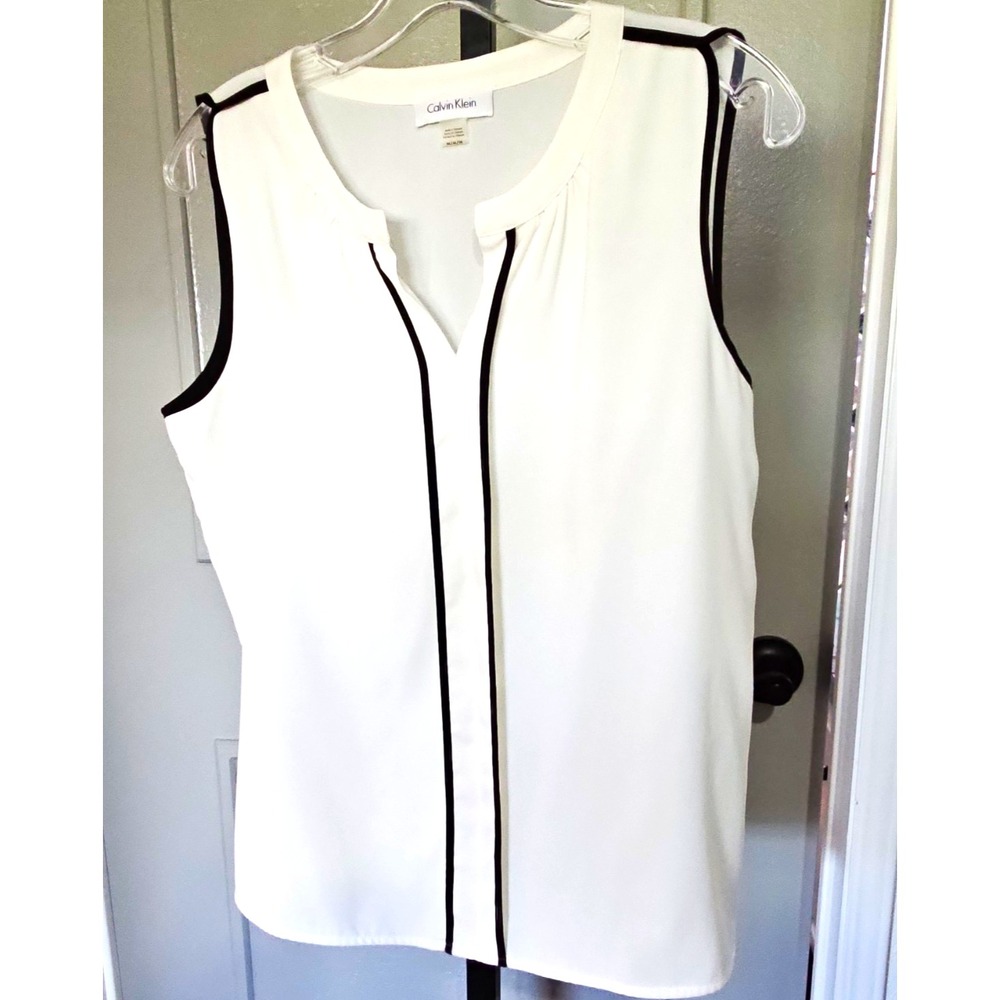 Calvin Klein Women's Medium Sleeveless Split Neck Blouse White Black Trim Top